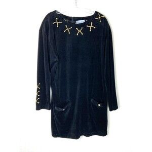 Bloomingdale's Vtg. Shift Mini Dress Size M-L Black Velvet Gold Detail Back Zip